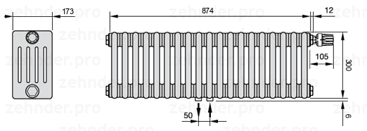 Схема (чертеж) Радиатор Zehnder Charleston 5030/19 №V008 Белый глянцевый RAL 9016